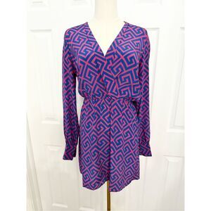 Lauren Gold Womens Pink Blue Geometric Print Long Sleeve Wrap Silk Dress XS